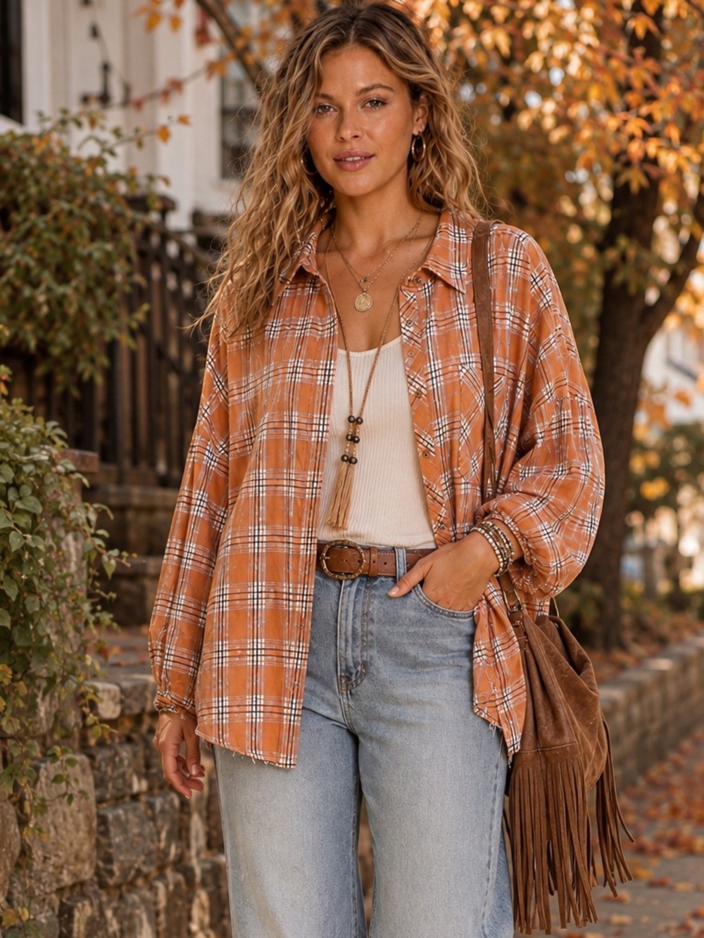 POL Orange Plaid Button Up Shirt Oversized L